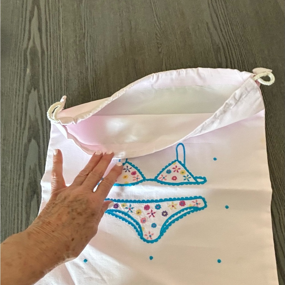 White Bikini Drawstring Bag with Blue and Pink Accents - Picture 5 of 9